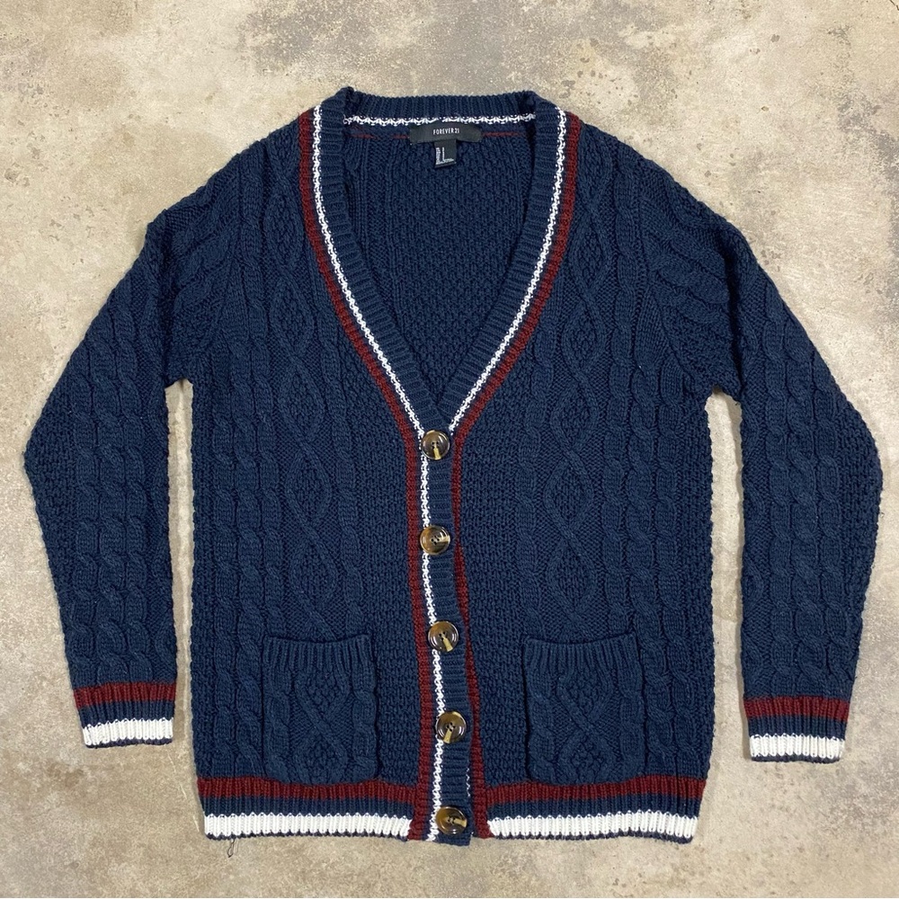 Vintage VTG Forever 21 Academia Blue/Red/White Cardigan with Brown Buttons S